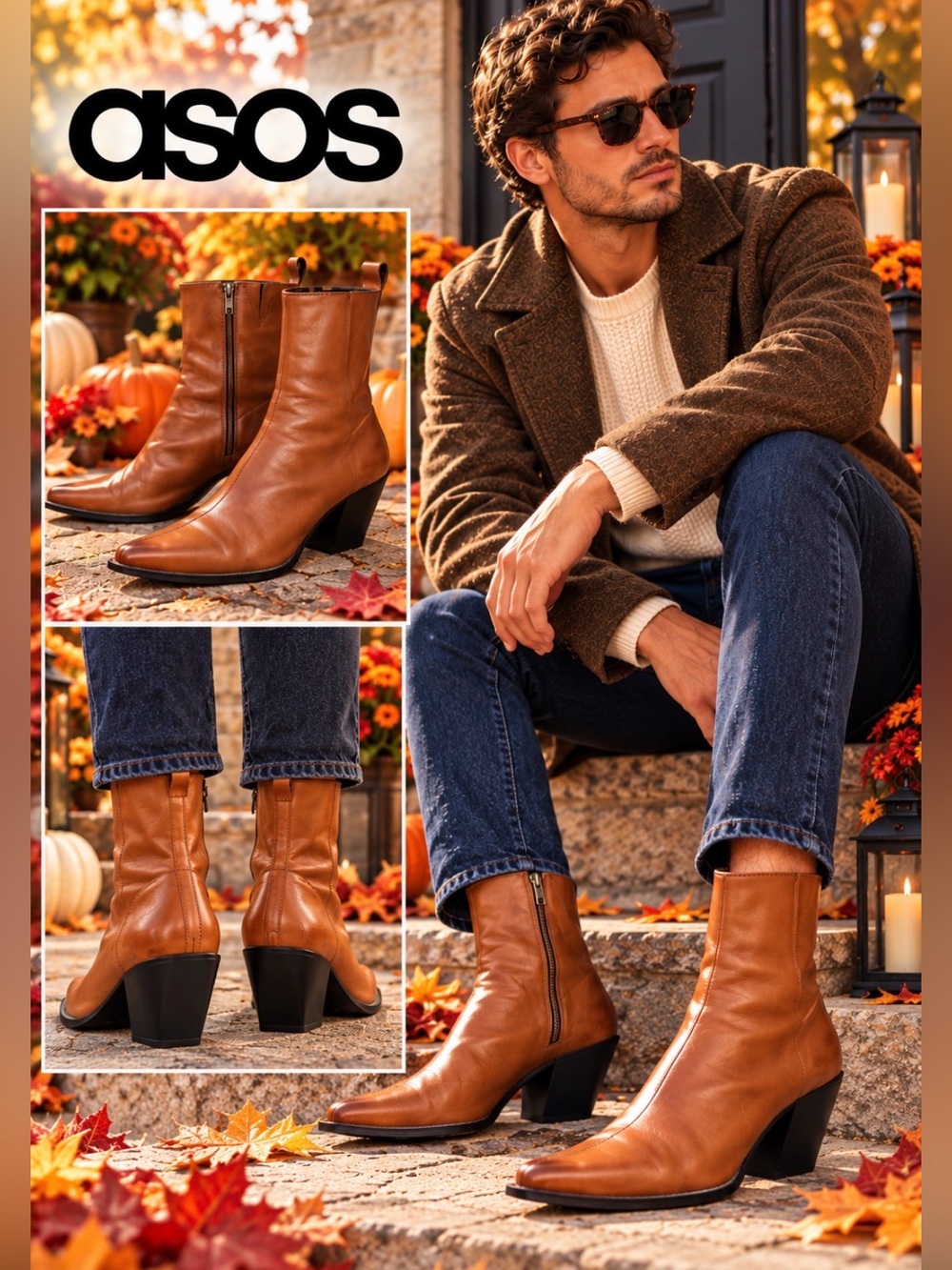 ASOS DESIGN Brown Leather Angled Heel Chelsea Boots Men’s 12